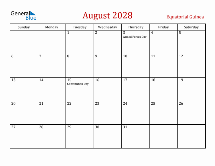 Equatorial Guinea August 2028 Calendar - Sunday Start