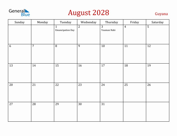 Guyana August 2028 Calendar - Sunday Start