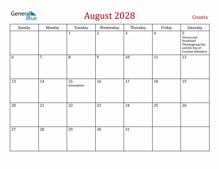Croatia August 2028 Calendar - Sunday Start