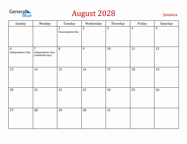 Jamaica August 2028 Calendar - Sunday Start