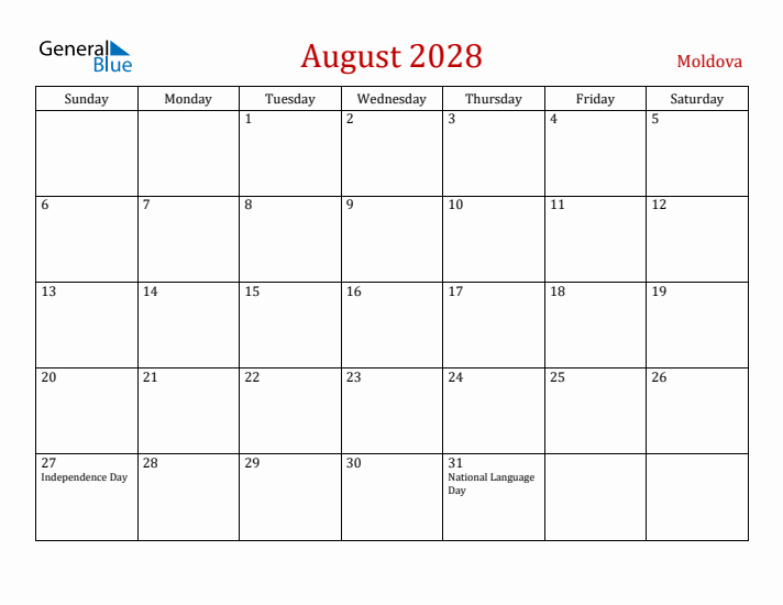 Moldova August 2028 Calendar - Sunday Start