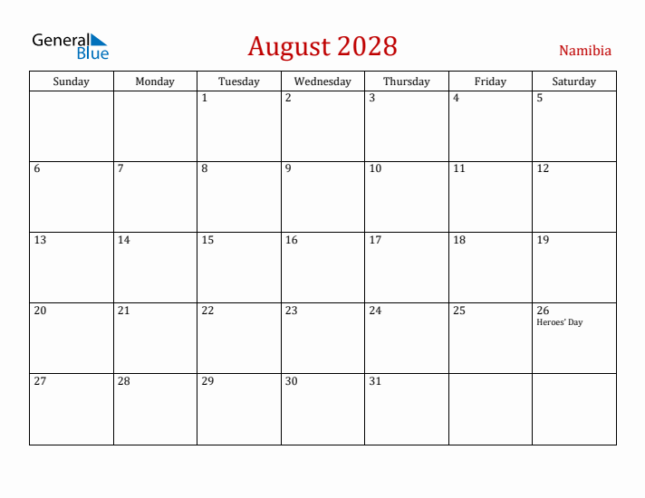 Namibia August 2028 Calendar - Sunday Start