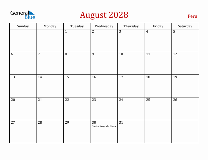 Peru August 2028 Calendar - Sunday Start