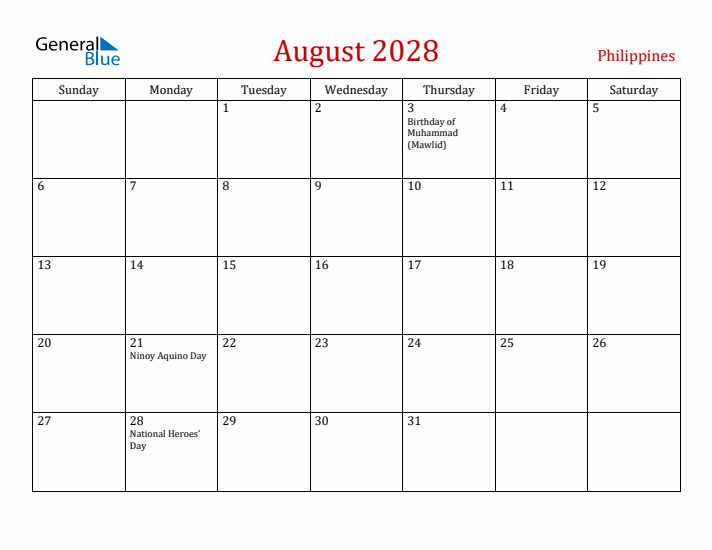 Philippines August 2028 Calendar - Sunday Start