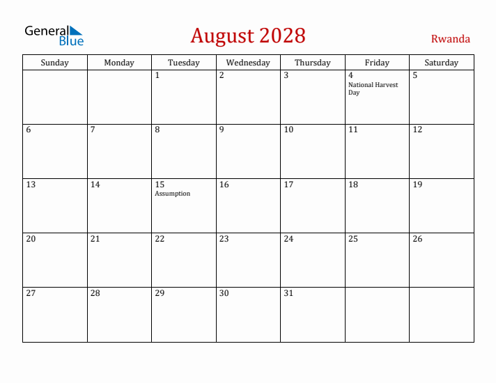 Rwanda August 2028 Calendar - Sunday Start