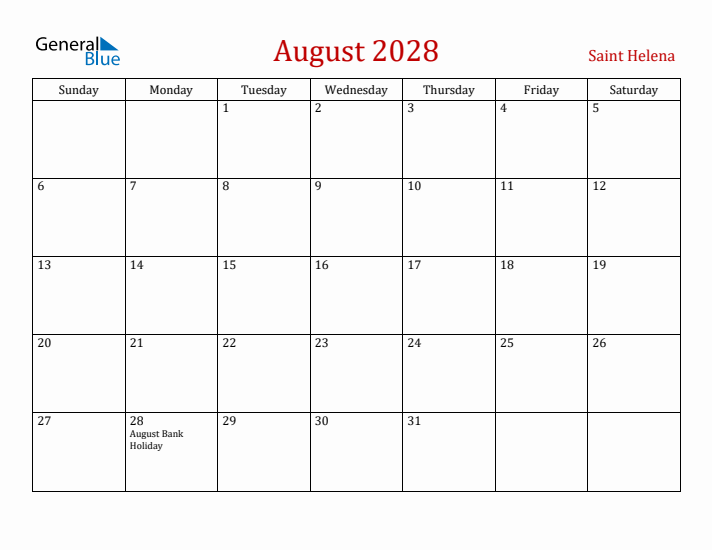Saint Helena August 2028 Calendar - Sunday Start
