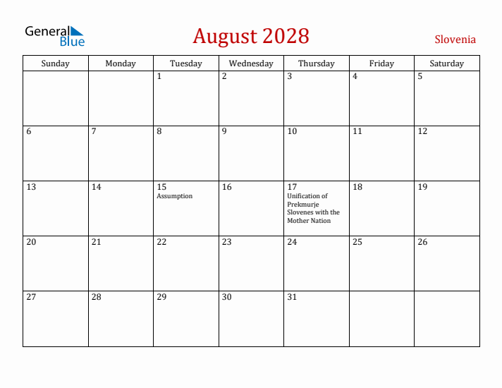 Slovenia August 2028 Calendar - Sunday Start