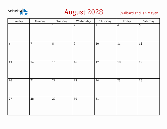 Svalbard and Jan Mayen August 2028 Calendar - Sunday Start