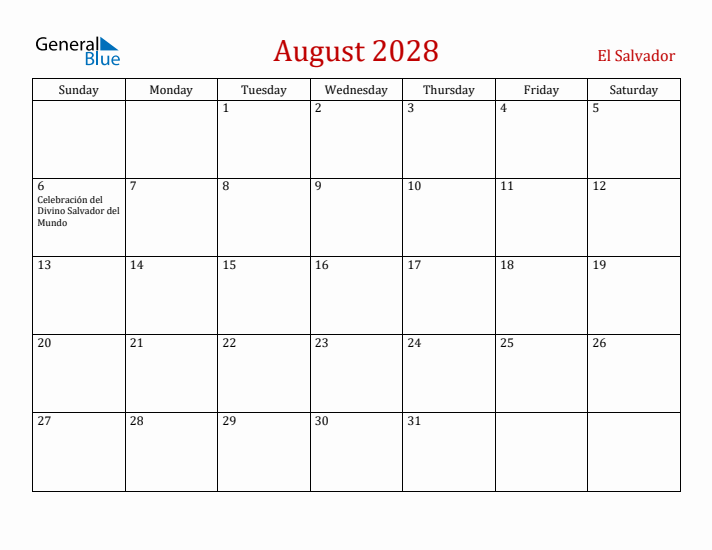 El Salvador August 2028 Calendar - Sunday Start