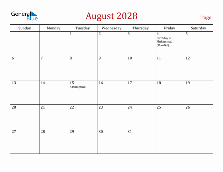 Togo August 2028 Calendar - Sunday Start