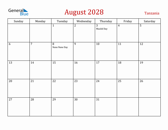 Tanzania August 2028 Calendar - Sunday Start
