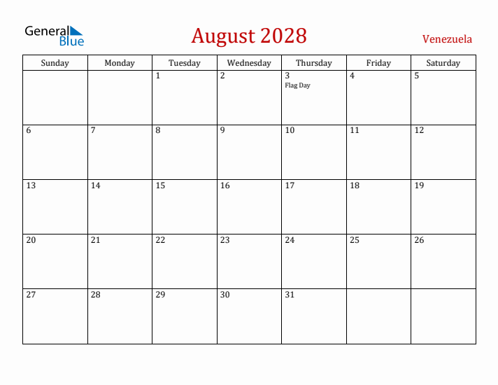 Venezuela August 2028 Calendar - Sunday Start