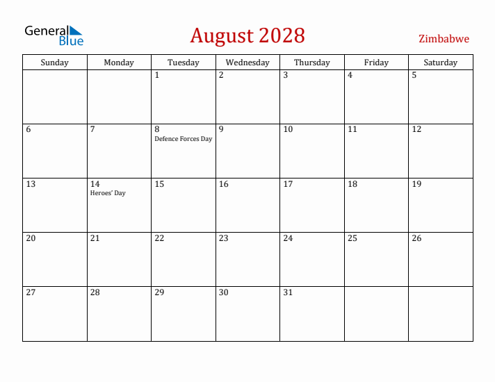 Zimbabwe August 2028 Calendar - Sunday Start