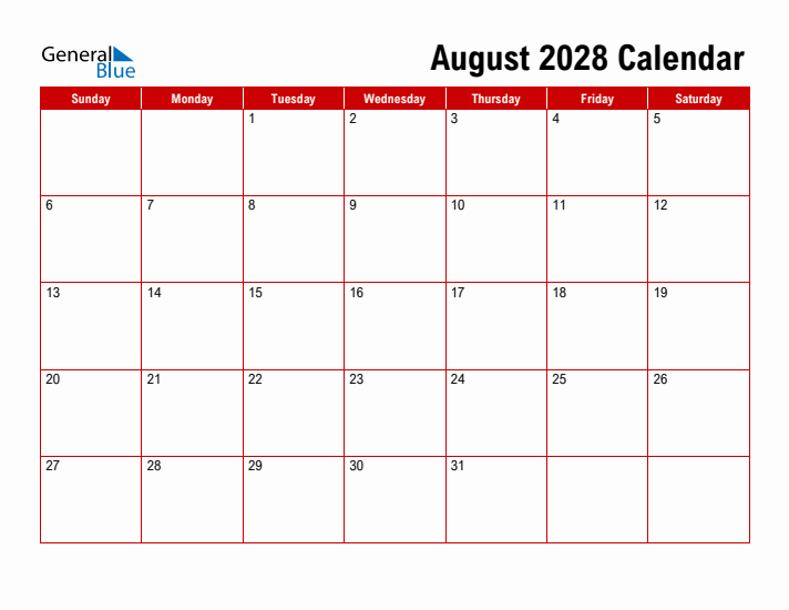 Basic Monthly Calendar August 2028