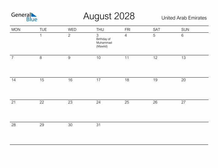 Printable August 2028 Calendar for United Arab Emirates