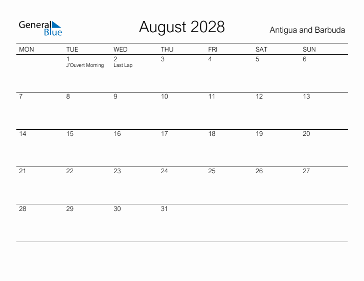 Printable August 2028 Calendar for Antigua and Barbuda