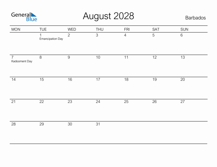 Printable August 2028 Calendar for Barbados