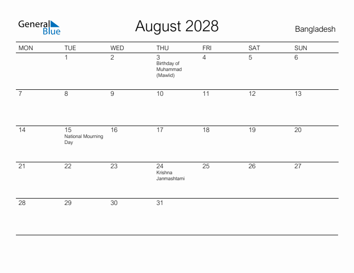 Printable August 2028 Calendar for Bangladesh
