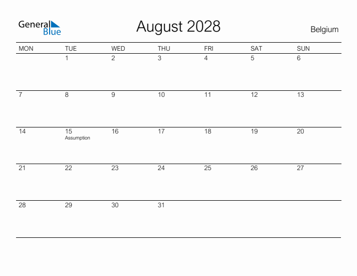 Printable August 2028 Calendar for Belgium