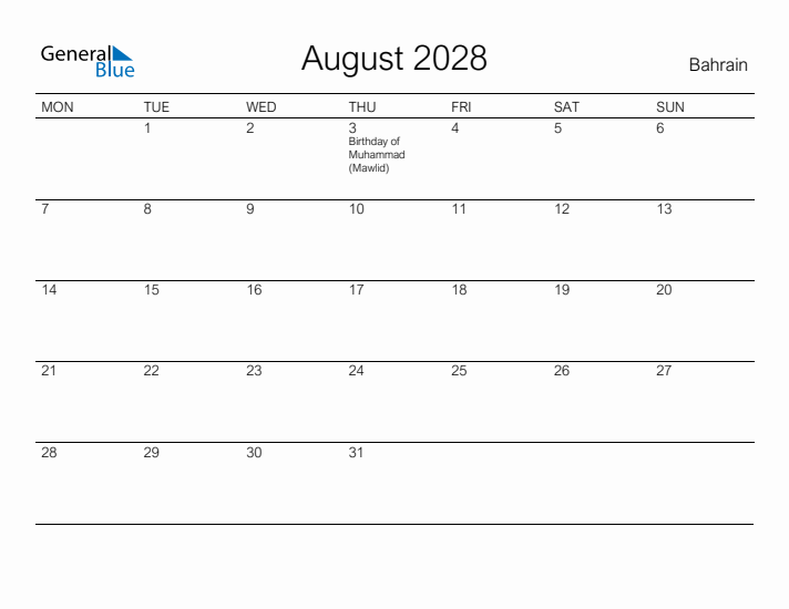 Printable August 2028 Calendar for Bahrain