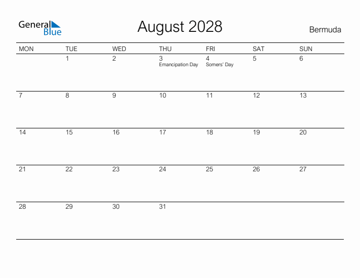 Printable August 2028 Calendar for Bermuda