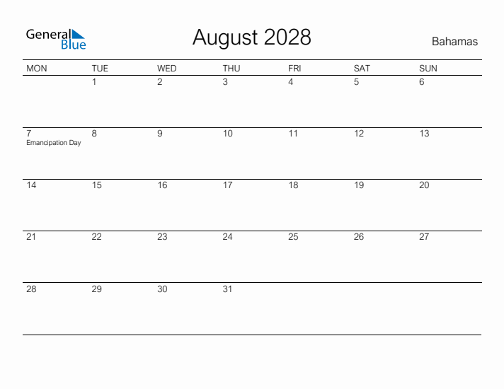 Printable August 2028 Calendar for Bahamas