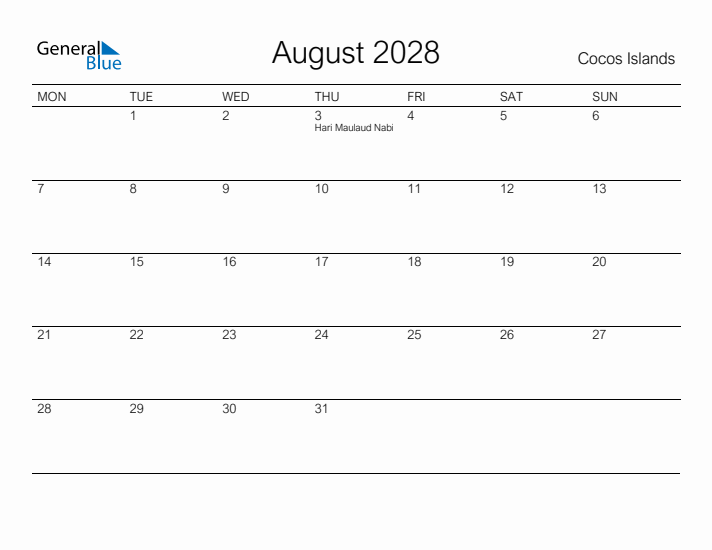 Printable August 2028 Calendar for Cocos Islands