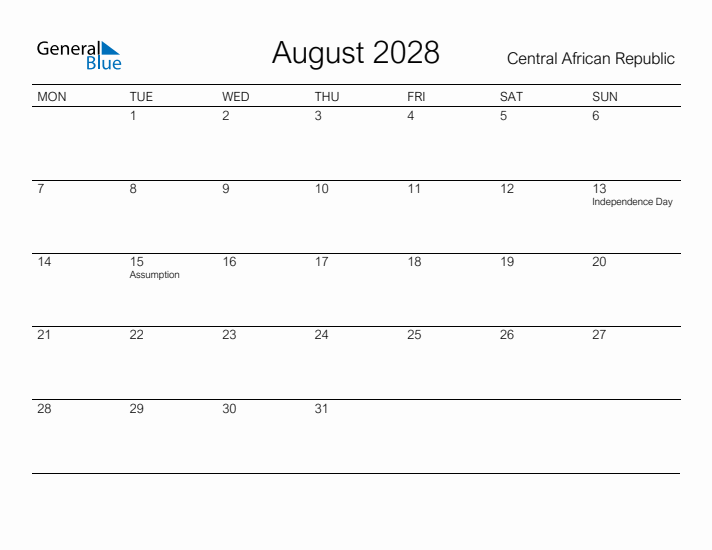 Printable August 2028 Calendar for Central African Republic
