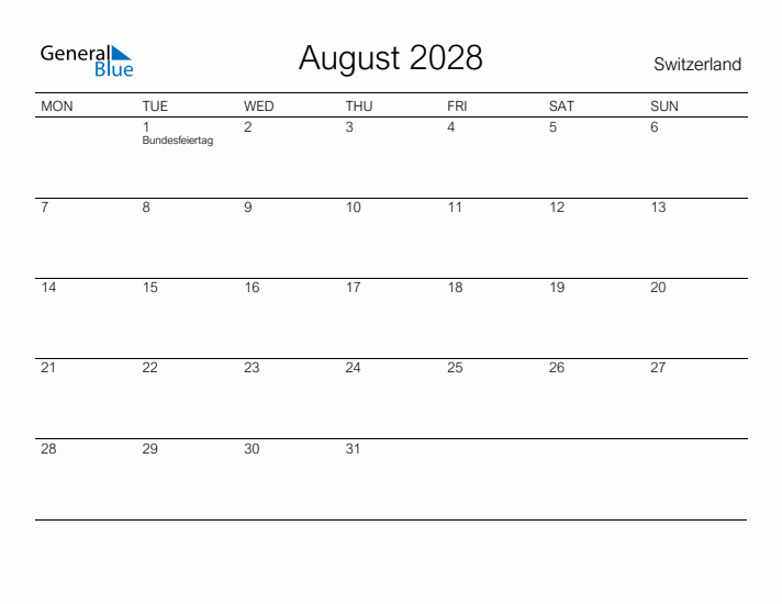 Printable August 2028 Calendar for Switzerland