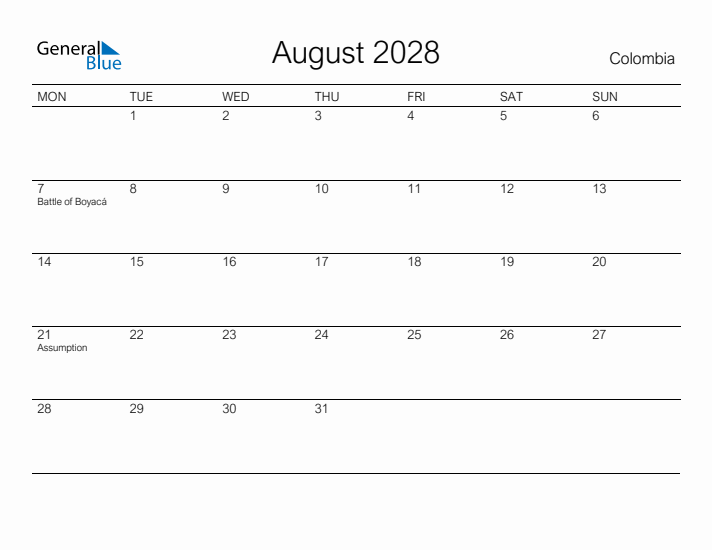 Printable August 2028 Calendar for Colombia