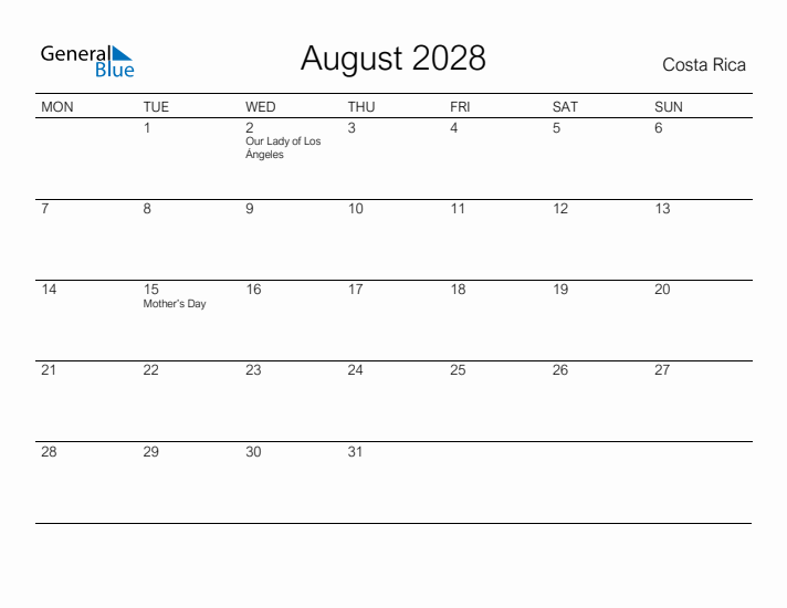 Printable August 2028 Calendar for Costa Rica