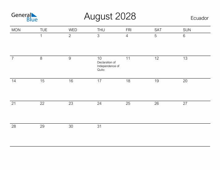 Printable August 2028 Calendar for Ecuador