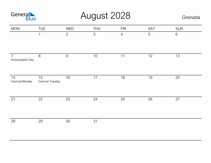 Printable August 2028 Calendar for Grenada