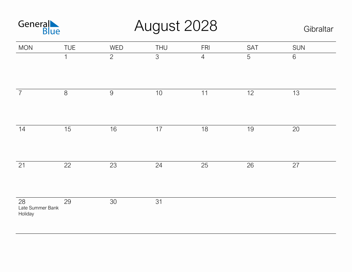 Printable August 2028 Monthly Calendar with Holidays for Gibraltar