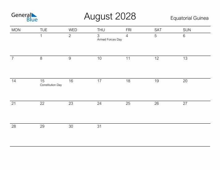 Printable August 2028 Calendar for Equatorial Guinea