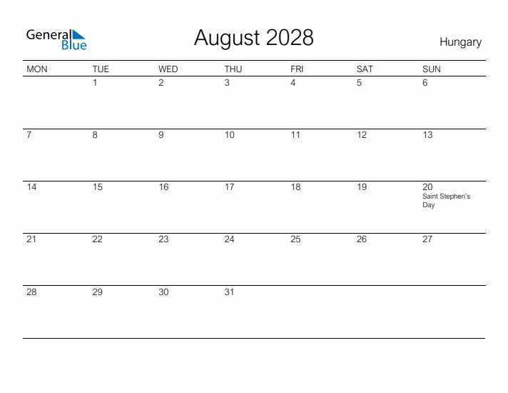 Printable August 2028 Calendar for Hungary