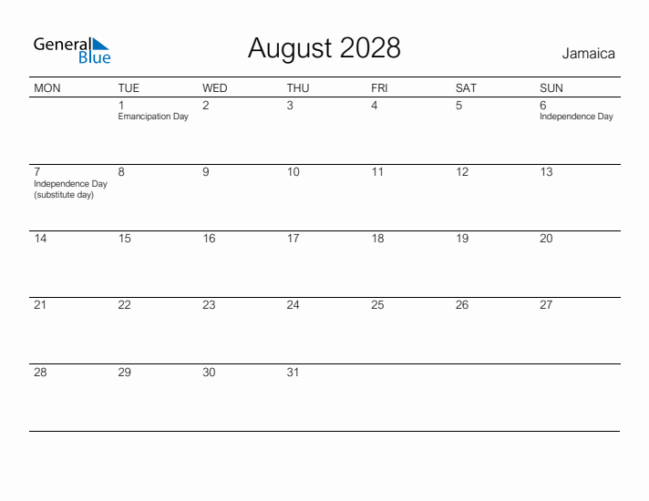 Printable August 2028 Calendar for Jamaica