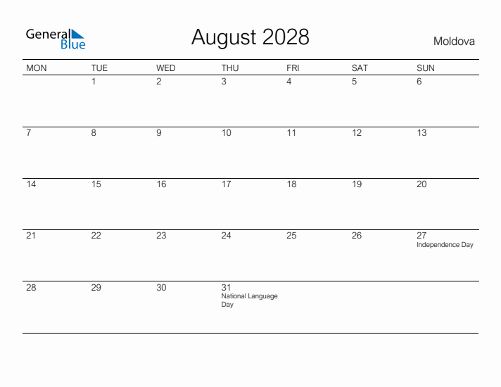 Printable August 2028 Calendar for Moldova