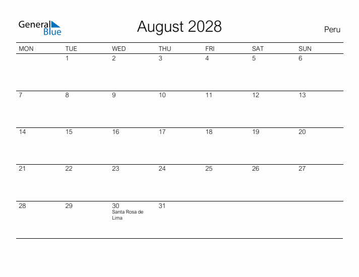 Printable August 2028 Calendar for Peru
