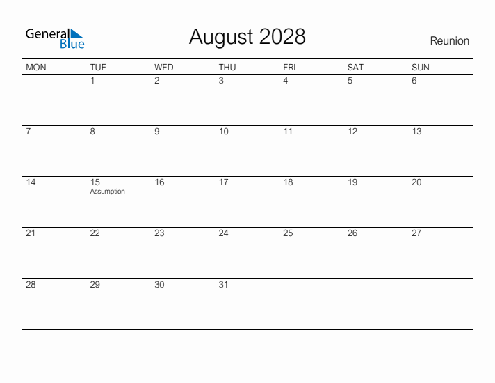 Printable August 2028 Calendar for Reunion