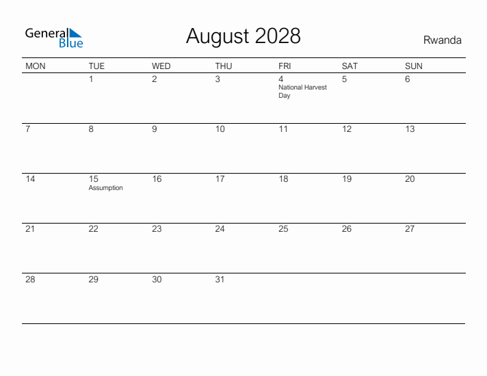 Printable August 2028 Calendar for Rwanda