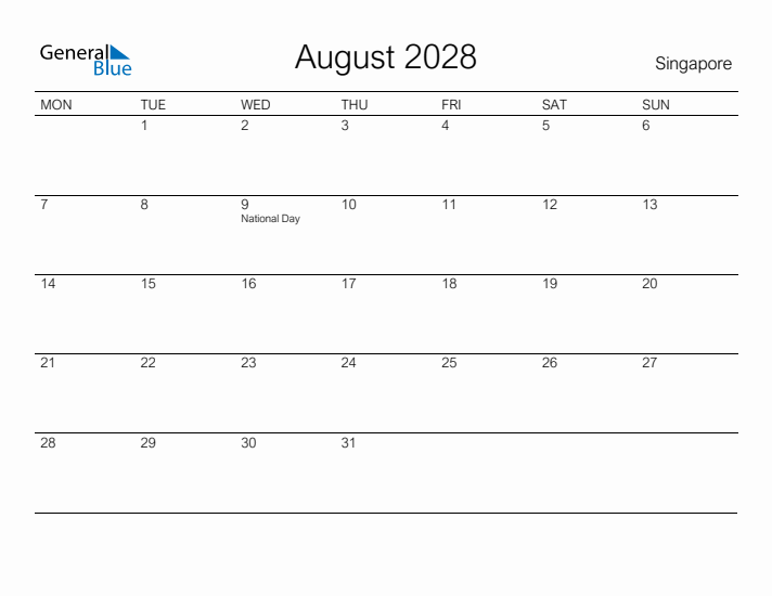 Printable August 2028 Calendar for Singapore