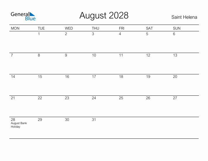 Printable August 2028 Calendar for Saint Helena