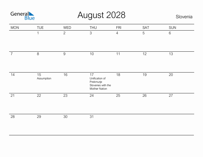 Printable August 2028 Calendar for Slovenia