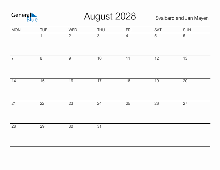 Printable August 2028 Calendar for Svalbard and Jan Mayen