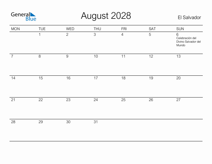 Printable August 2028 Calendar for El Salvador
