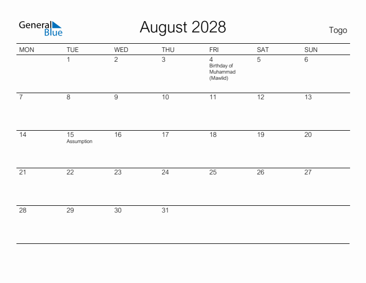 Printable August 2028 Calendar for Togo