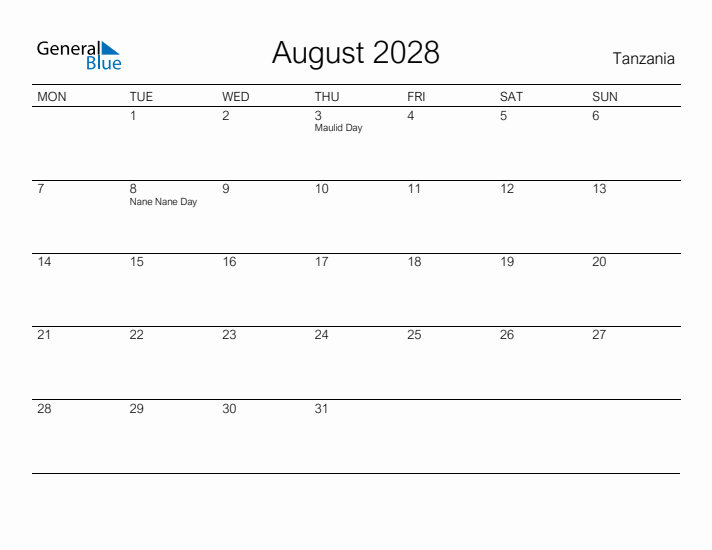 Printable August 2028 Calendar for Tanzania