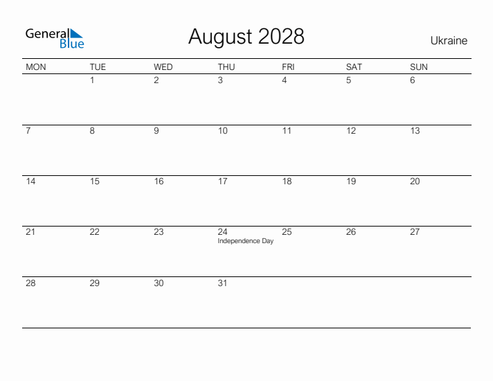 Printable August 2028 Calendar for Ukraine