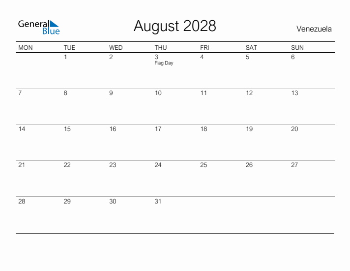 Printable August 2028 Calendar for Venezuela